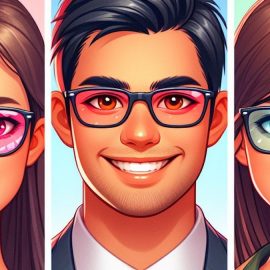 Three cartoon smiling people with glasses representing the philosophy of happiness.