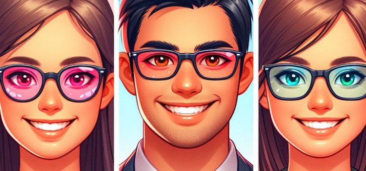 Three cartoon smiling people with glasses representing the philosophy of happiness.