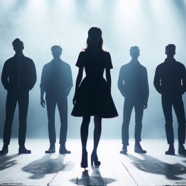 A woman and six men behind her on a stage in the lights.