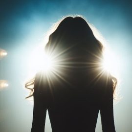 A woman on a Broadway stage with a spotlight on her.