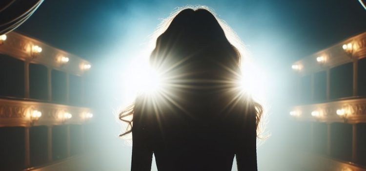 A woman on a Broadway stage with a spotlight on her.