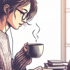 An illustration of a woman focusing on the little things as she holds coffee and works on a laptop