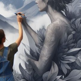 A woman with creative intuition painting a black and white mural of a woman in nature.