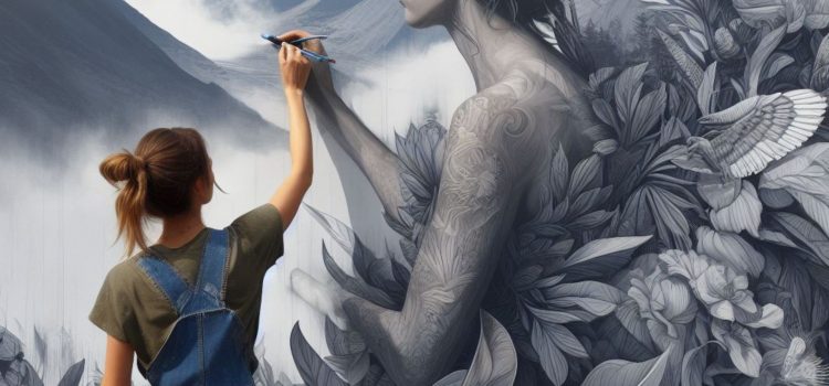 A woman with creative intuition painting a black and white mural of a woman in nature.