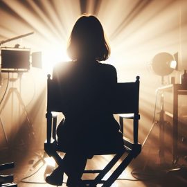 A woman sitting in a director's chair on a film set.