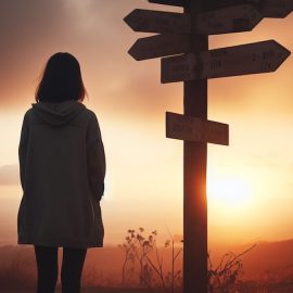 A woman choosing her own path at a crossroads sign during a sunset.
