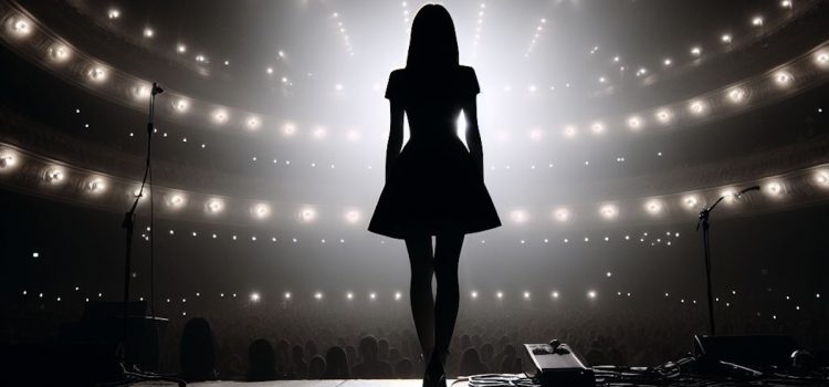 A woman standing on a stage in bright lights.