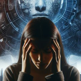A woman holding her head with two visions of her in sky, as she's let her emotions control her.