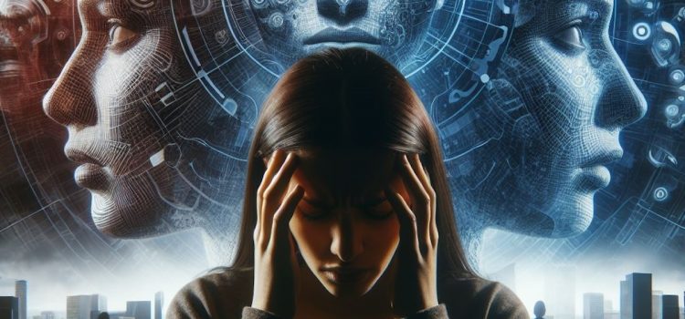 Don’t Let Your Emotions Control You: 3 Tips From Dr. Julie Smith A woman holding her head with two visions of her in sky, as she's let her emotions control her.