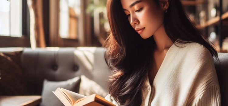 A woman with long brown hair reading a book.