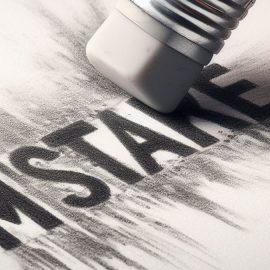 The word "MISTAKE" in black and white being erased on paper.