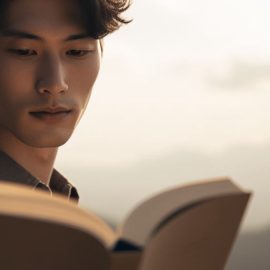 A young man reading a book outside.