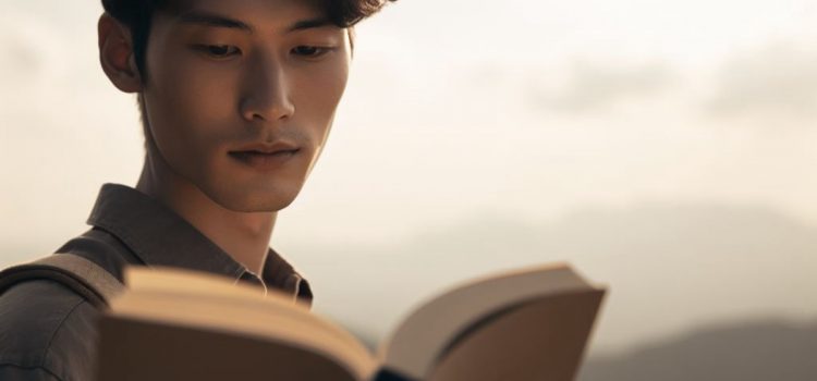 A young man reading a book outside.