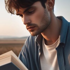 A young man reading a book outside in a field.