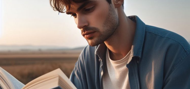 A young man reading a book outside in a field.