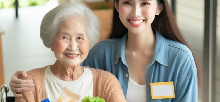 A young woman helping an older woman's moral well being by volunteering to help her grocery shop.