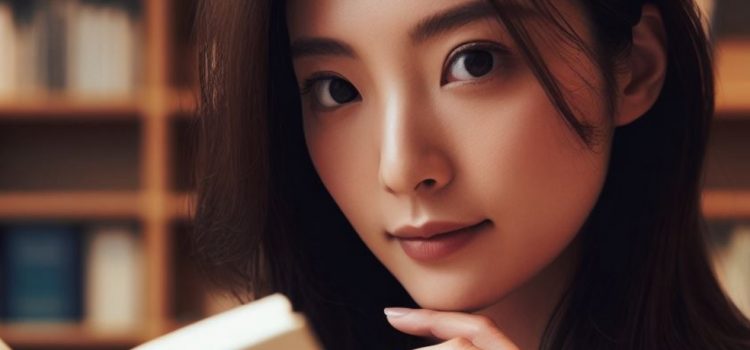 A woman poses as she holds a book with bookshelves in the background.