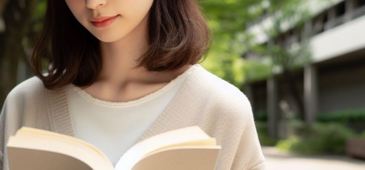 A young woman reading a book outside in town.