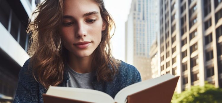 A young woman reading a book outside in a city.