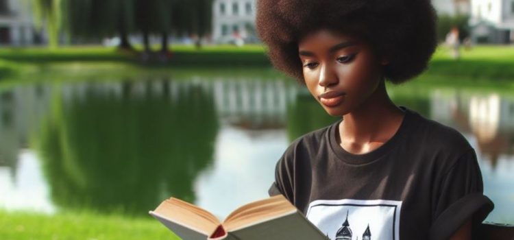 A young woman reading in a park.