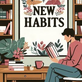 A man reading a book in front of a bookshelf and sign that says "New Habits"