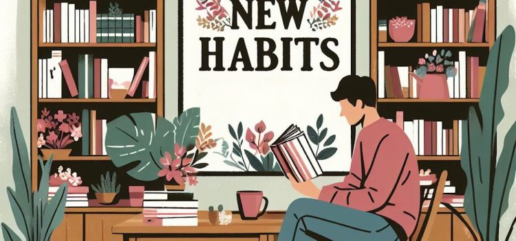 A man reading a book in front of a bookshelf and sign that says "New Habits"