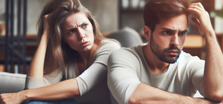 A man and woman fighting on a couch