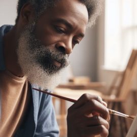 An older man learning to be more creative by painting on a canvas.