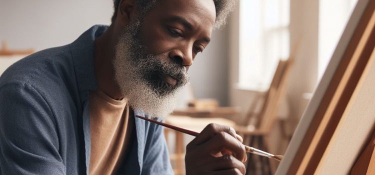 An older man learning to be more creative by painting on a canvas.