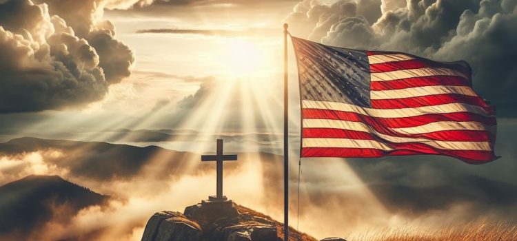 The sun beaming on the Christian cross and the American flag.