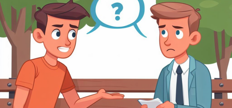 A person learning how to read body language by talking to another person on a bench, with a question mark above his head.