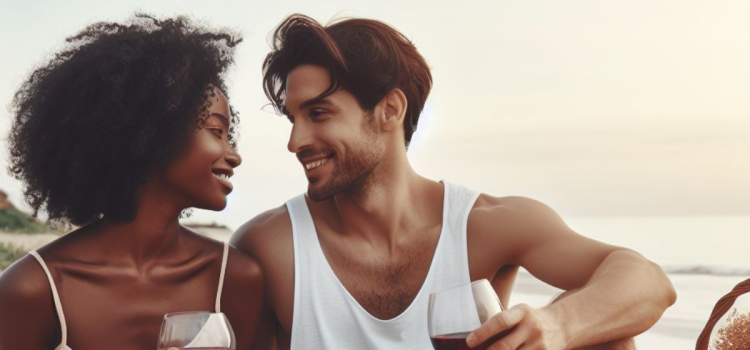 A couple having a romantic picnic on the beach.