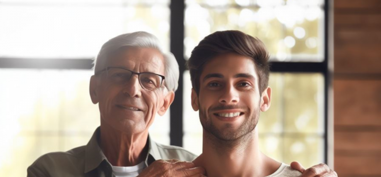 A father and adult son posing for a picture.