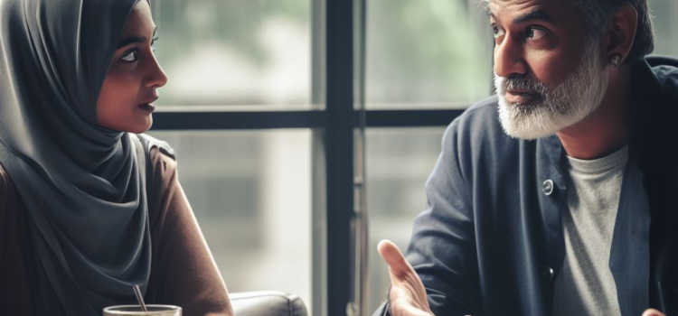 A woman trying to read someone while talking to a man at a coffee shop.