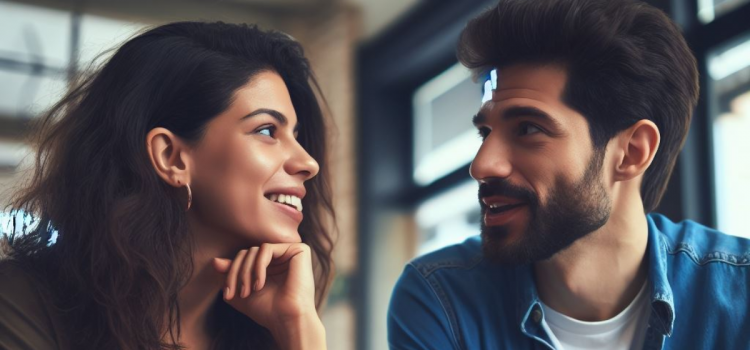 A man and a woman talking in a cafe