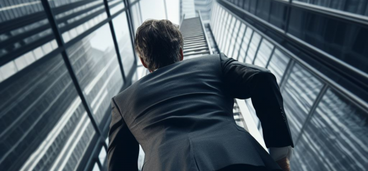 A heroic individual looking up at a skyline in the city.