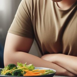 A man sitting in front of a plate of veggies during an intermittent fasting length.