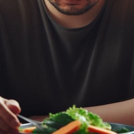 A man intermitting fasting while looking at a plate of veggies and water.