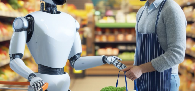 A robot and a man working together in a grocery store.