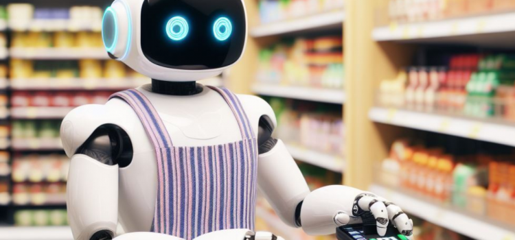 A robot wearing an apron and working at a grocery store