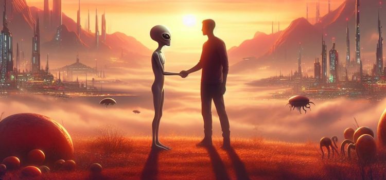 An alien and human shaking heads in a desert
