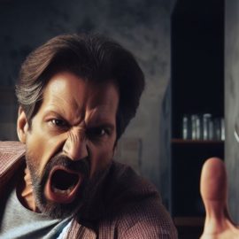 A man giving into a self-sabotaging behavior as he angrily yells and points his finger.