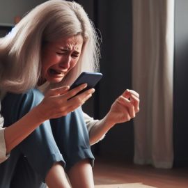 An unhappy woman crying on the floor of a bedroom while looking at her phone.