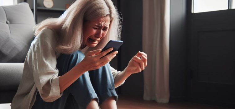 An unhappy woman crying on the floor of a bedroom while looking at her phone.