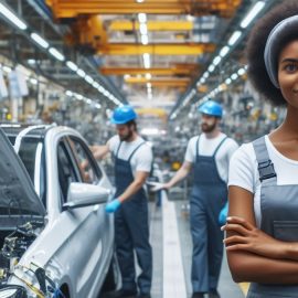 Auto workers standing proudly in a car manufacturing facility.