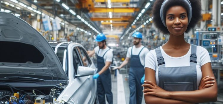Auto workers standing proudly in a car manufacturing facility.