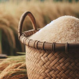 A basket of rice in a wheat field