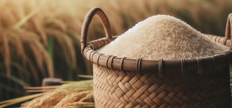 A basket of rice in a wheat field