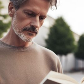 An older man reading a book outside