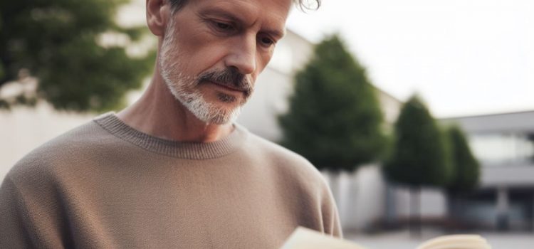 An older man reading a book outside